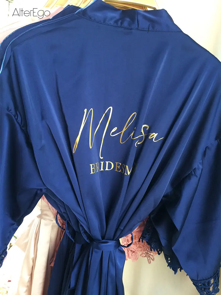 Navy Blue Robes Lace Trim Dressing Gowns Satin Silk Personalisation of BRIDESMAID Kimono MOTHER OF THE BRIDE Robe MAID OF HONOUR