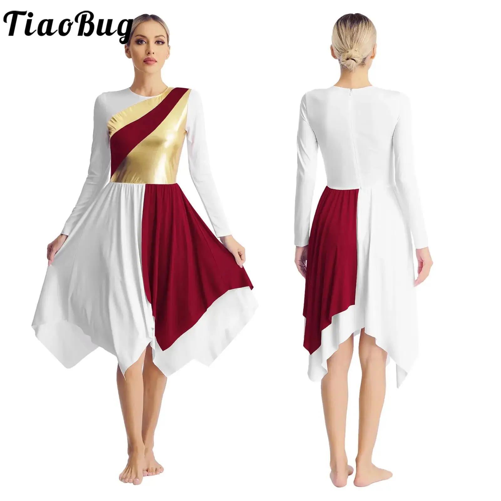 

Womens Liturgical Lyrical Dance Dress Long Sleeve Metallic Contrast Color Asymmetrical Dresses Worship Performance Dancewear