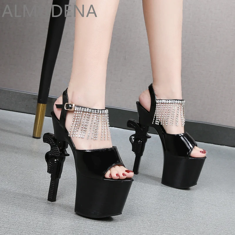 

Strange Heel Platform Rhinestone Fringe Women Sexy Sandals Pole Dance Party Dress Mature Shoes Super High Heel Buckle Strap Shoe