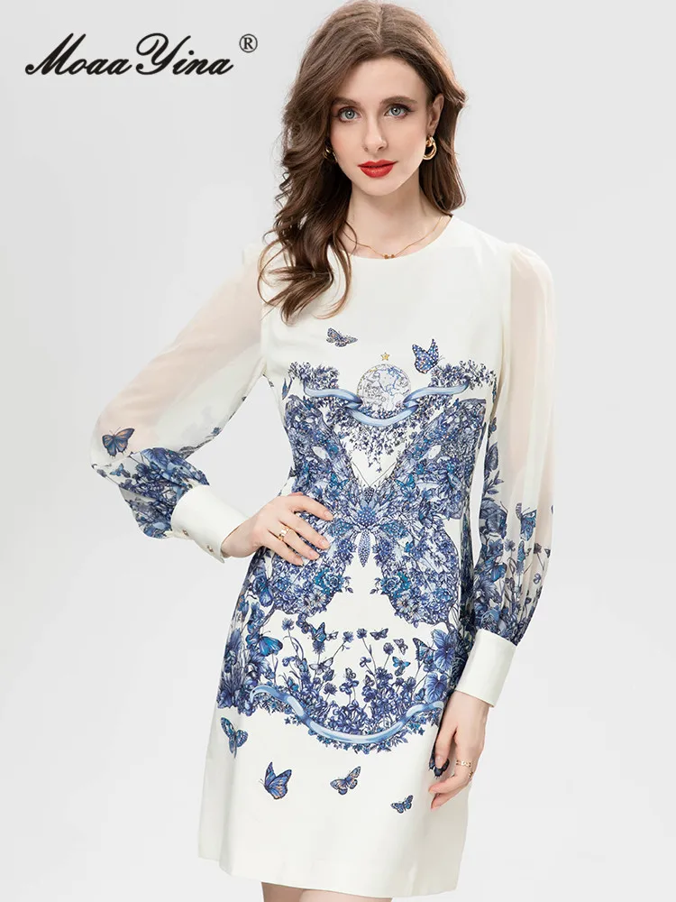 

MoaaYina осеннее модное дизайнерское роскошное платье с бантом и принтом, женское Короткое мини-платье трапециевидной формы с круглым вырезом и длинными рукавами, бриллиантами и высокой талией