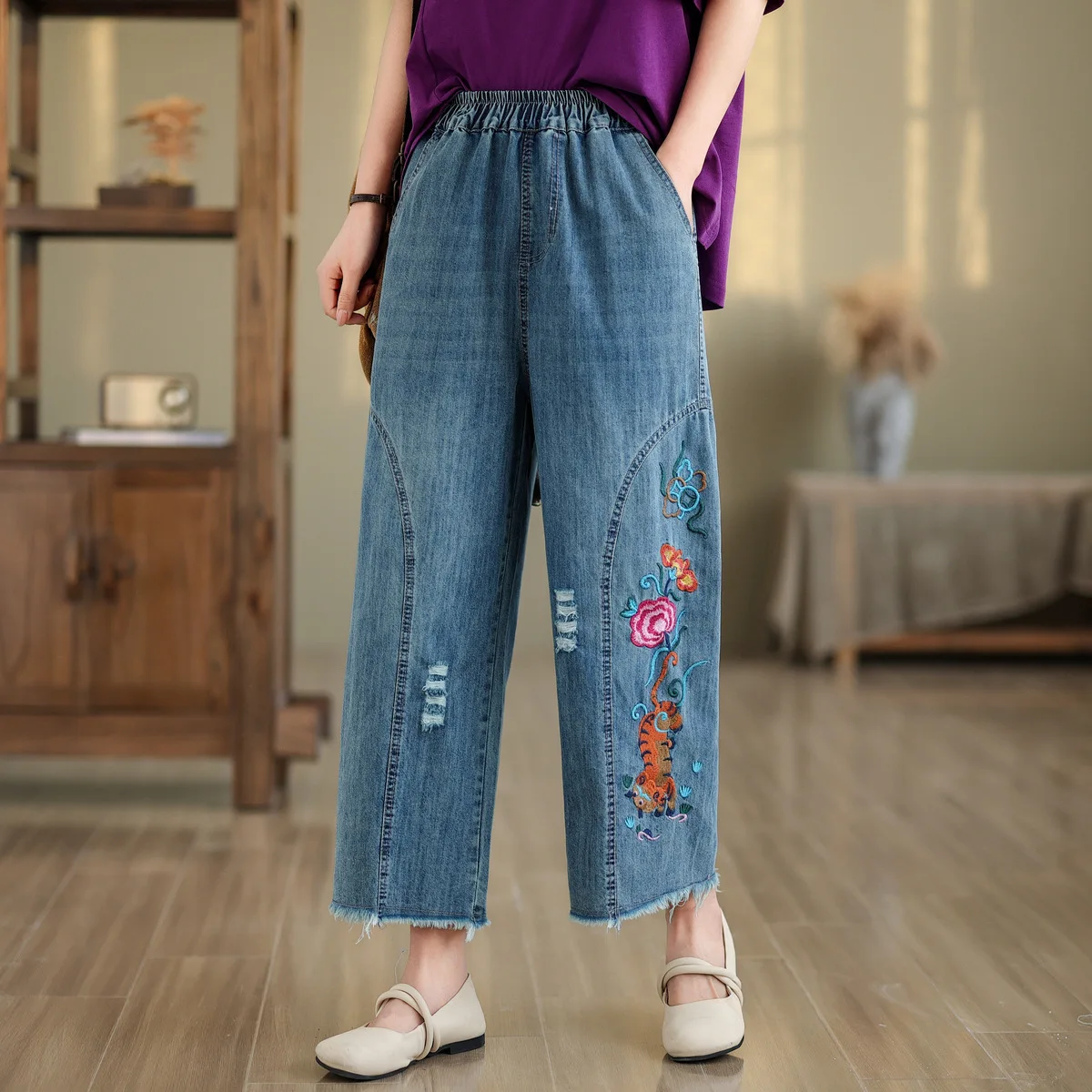Mori Kei Roupas Kawaii Jeans Mulheres Estilo Japão Floral Bordado