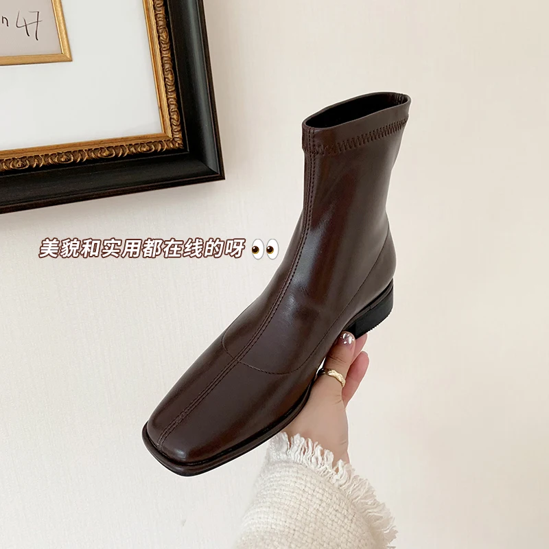 

2023new autumn winter women ankle boots natural leather 22-25cm Elastic microfiber+pigskin Elastic boots square toe modern boots