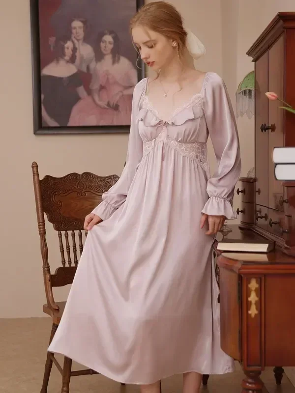 

Ruffles Princess Spring Silk Ladies Nightgowns Long Victorian French Autumn Lace Pajama Sleepwear Women Fairy Nightdress