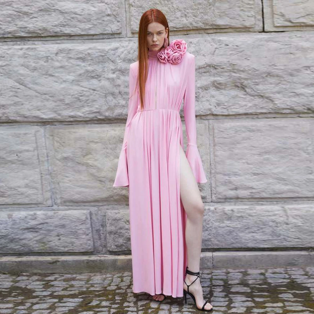 

Ailigou 2023 New Summer Women's Pink Navy 3D Flower Long Sleeve Sexy Pleated High Split Long Dress Elegant Celebrity Party Dress
