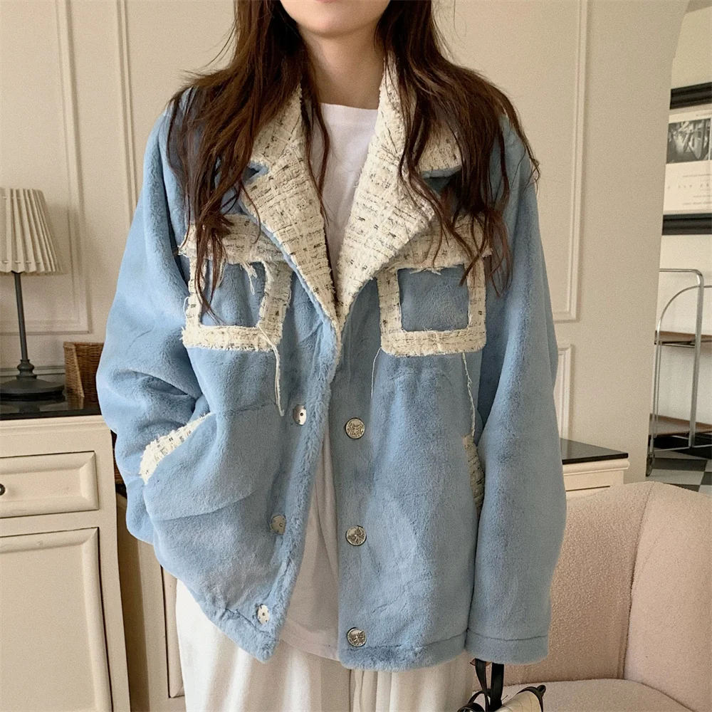 

Alien Kitty Light Blue Jackets Women Patchwork Lamb Wool Chic Loose 2022 Elegant New Fashion Slim Thicken Warm Winter Coats