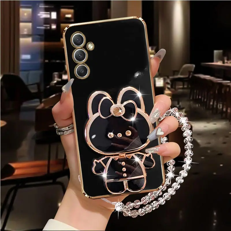 Diamond Strap Mirror Rabbit Phone Holder Case with Stand Cover