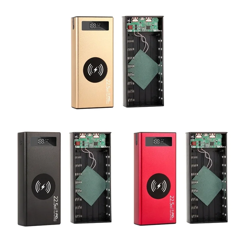 16 Slot 18650 Metal Battery Power Shell Aluminium Alloy DIY Case LCD Display Fast Charging Wireless Charging Case