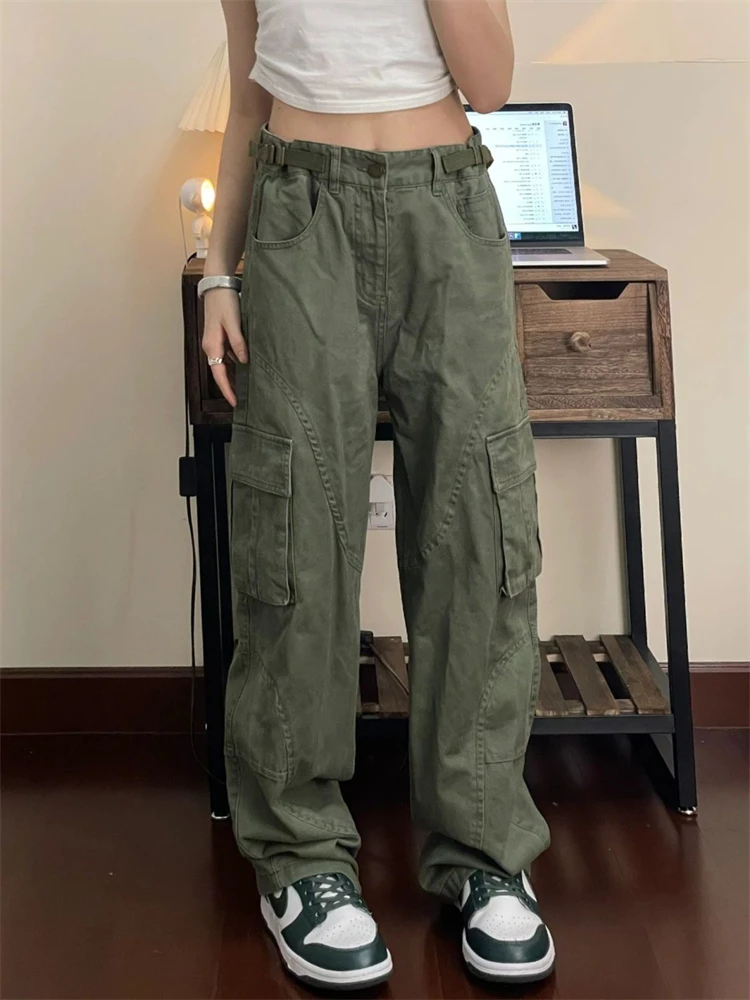 

Women's Cargo Vibe Army Green Jeans Street Style Cool Girl High Waisted Baggy Pants Female Casual Wide Leg Denim Trousers