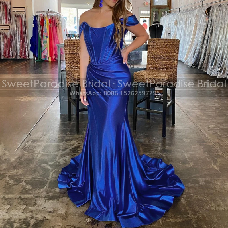 

Modest Mermaid Off Shoulder Evening Dress Long Sweep Train Royal Blue Pleat Sheath Prom Dresses Party For Women