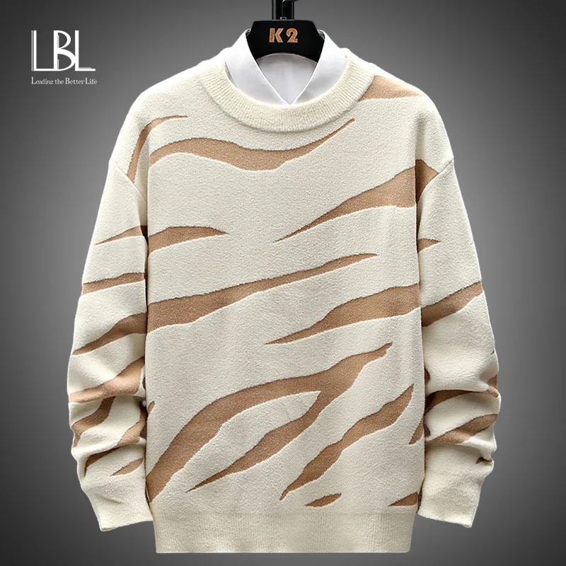 

New Vintage Warm Sweater Men Autumn Casual Striped Printed Pullover Winter Loose Harajuku Style Knitted Sweaters O-Neck Male Top