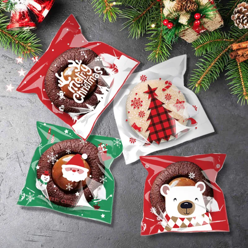 100 stücke Weihnachten Cookie Süßigkeiten Taschen Selbstklebende Geschenk Verpackung Keks Snack Tasche Neue Jahr 2024 Noel Navidad Weihnachten Party decor
