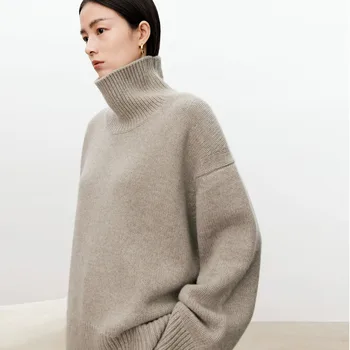 Turtleneck pure cashmere sweater female loose and thick languid lazy wind pullover sweater knitting base WOOL sweater 1