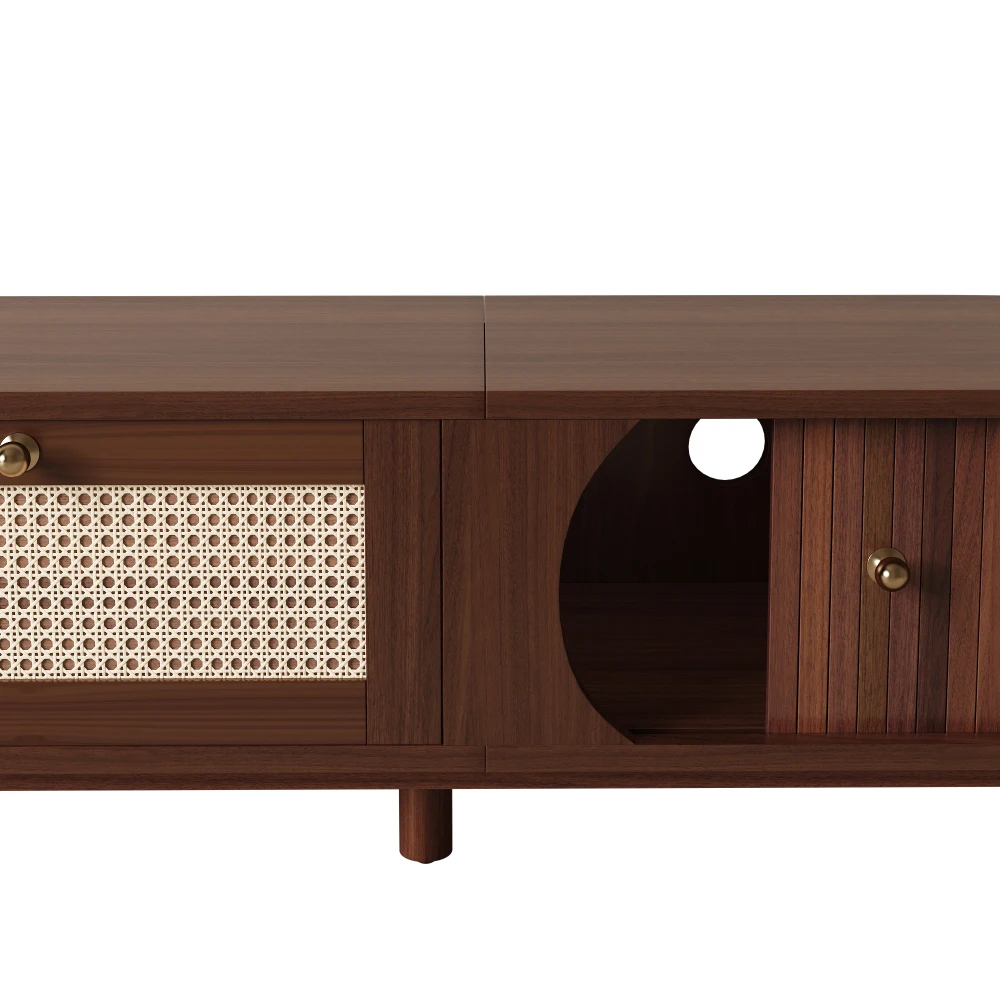 Rustikaler Bauernhaus-TV-Schrank mit Türen – TV-Konsole mit Schubladen aus Rattangeflecht, multifunktionaler Vintage-Medizinschrank – Detail 18