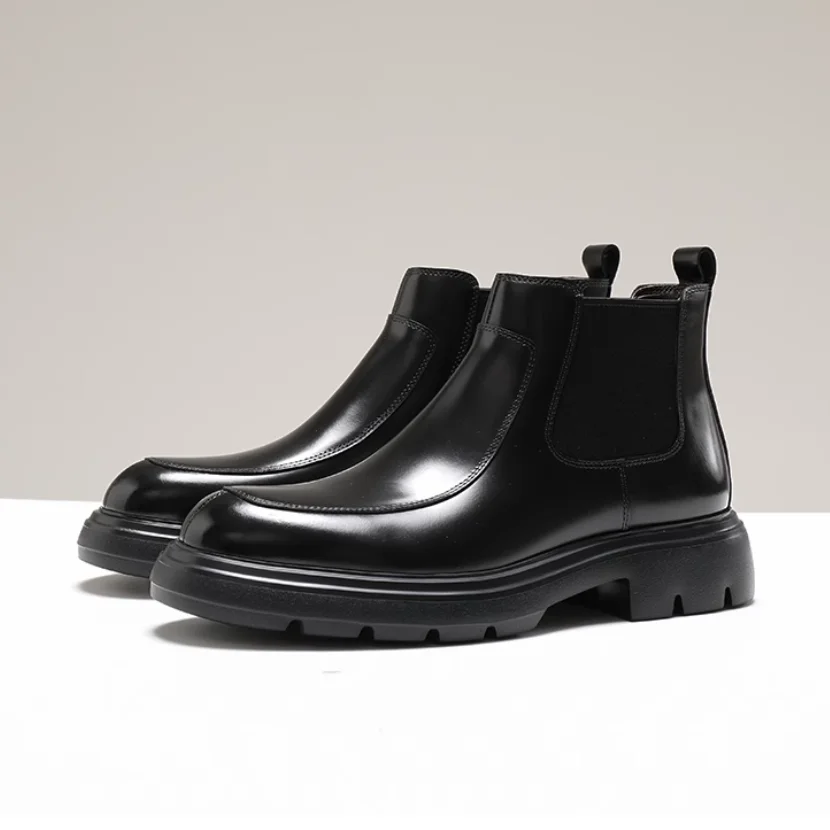 【Leichte Sohle】 Kurze britische Echtleder-Stiefel mit mattierter High-Top-Freizeitschuhe mit dicker Sohle, Chelsea-Stiefel für Herren für die Körpergröße – Detail 11