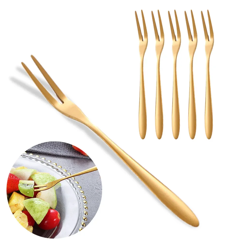 Stainless Steel Fruit Fork 6Pcs Small Toothpick Multifunctional Fruit Stick Gold Moon Cake Knife Food Picks Kitchen Accessories