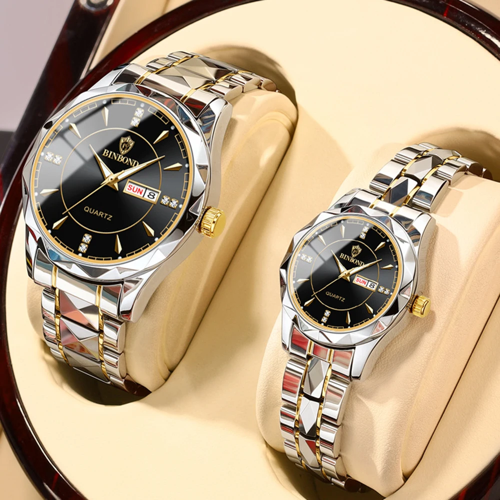 BINBOND Fashion Business Paired Hours Luxury Quartz Watch for Men and Women Date Week Display Luminous Couple Watches for Lovers