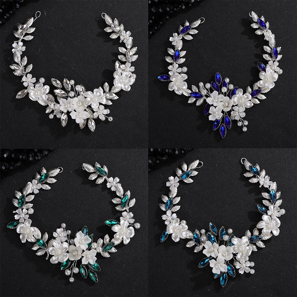 Wedding Resin Flower Green Headband Rhinestone Pearl Bridal Silver Bride Hair Accessories Blue Party Leaf Headband for Women