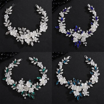 Wedding Resin Flower Green Headband Rhinestone Pearl Bridal Silver Bride Hair Accessories Blue Party Leaf Headband for Women