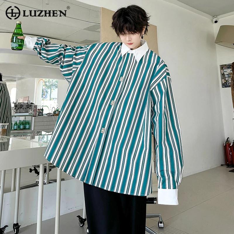 

LUZHEN Men's Striped Shirts Contrast Color Spliced Cardigan Fashion Fake Two Piece Spliced Casual Tops Trend Autumn New 41f31b