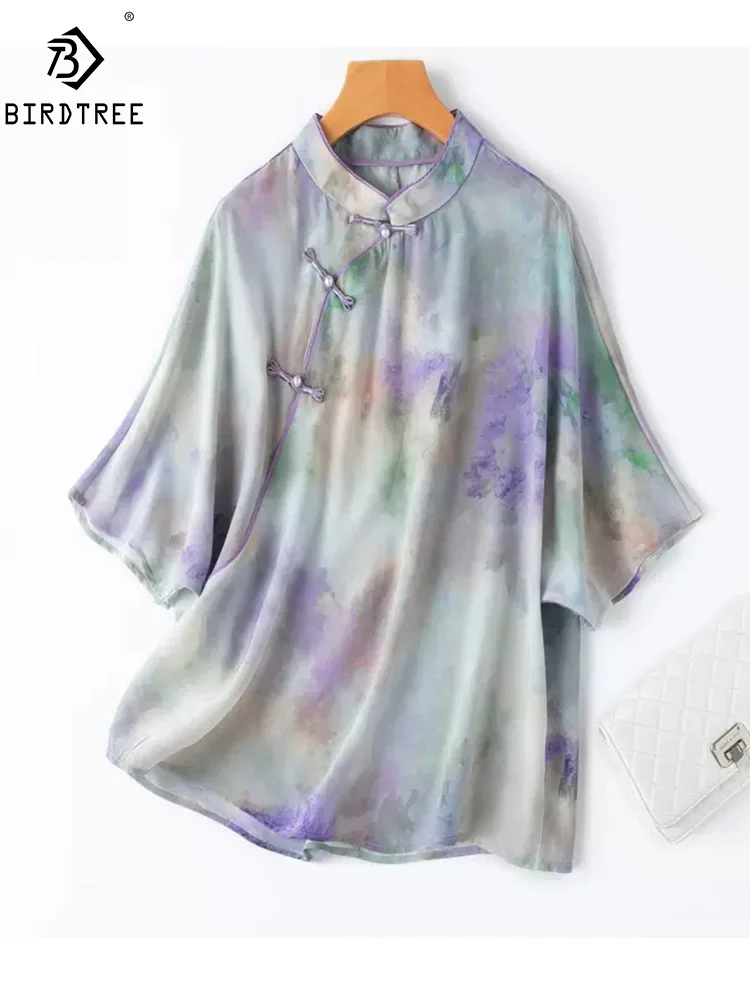 

Элегантная женская футболка BirdTree из 100% натурального шелка, милые свободные топы с коротким рукавом и принтом, T448106QM, весна 2024