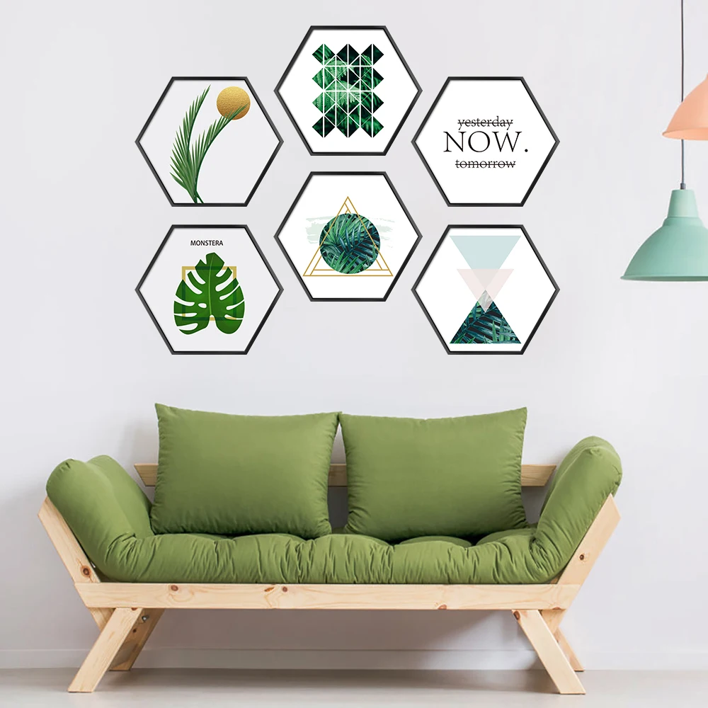 

6pcs Hexagon Wall Sticker Self-adhesive Tropical Plants and Flowers Vinyl Decals For Home Living Room Decorative Mural Wallpaper