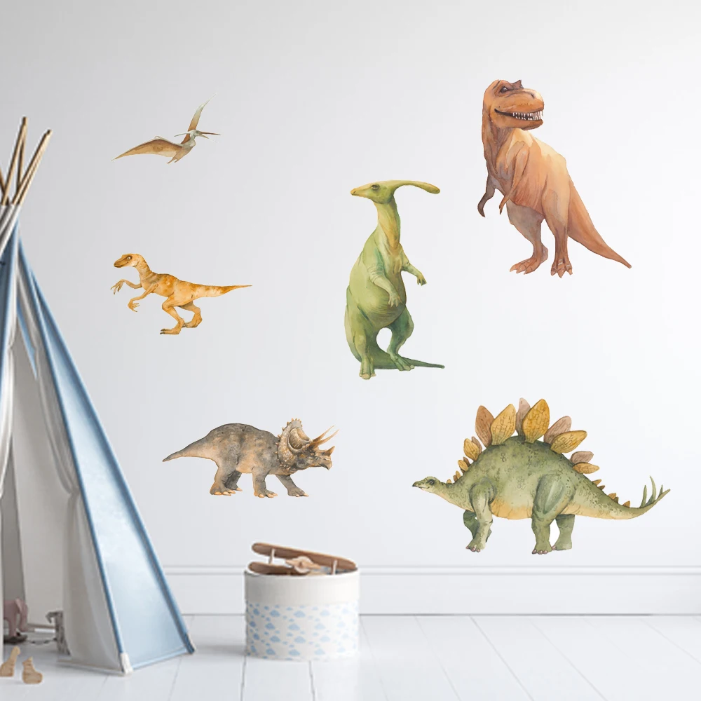 Watercolor Dinosaur Kids Wall Stickers for Kindergarten Nursery Bedroom Decor Removable DIY Door Window Decals PVC Tile Posters