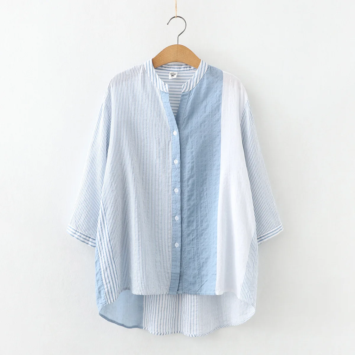 

Summer Color Contrast Striped Patchwork Women Shirt Literary Temperament Versatile Half Sleeve Fashion O-Neck Casual Female Tops