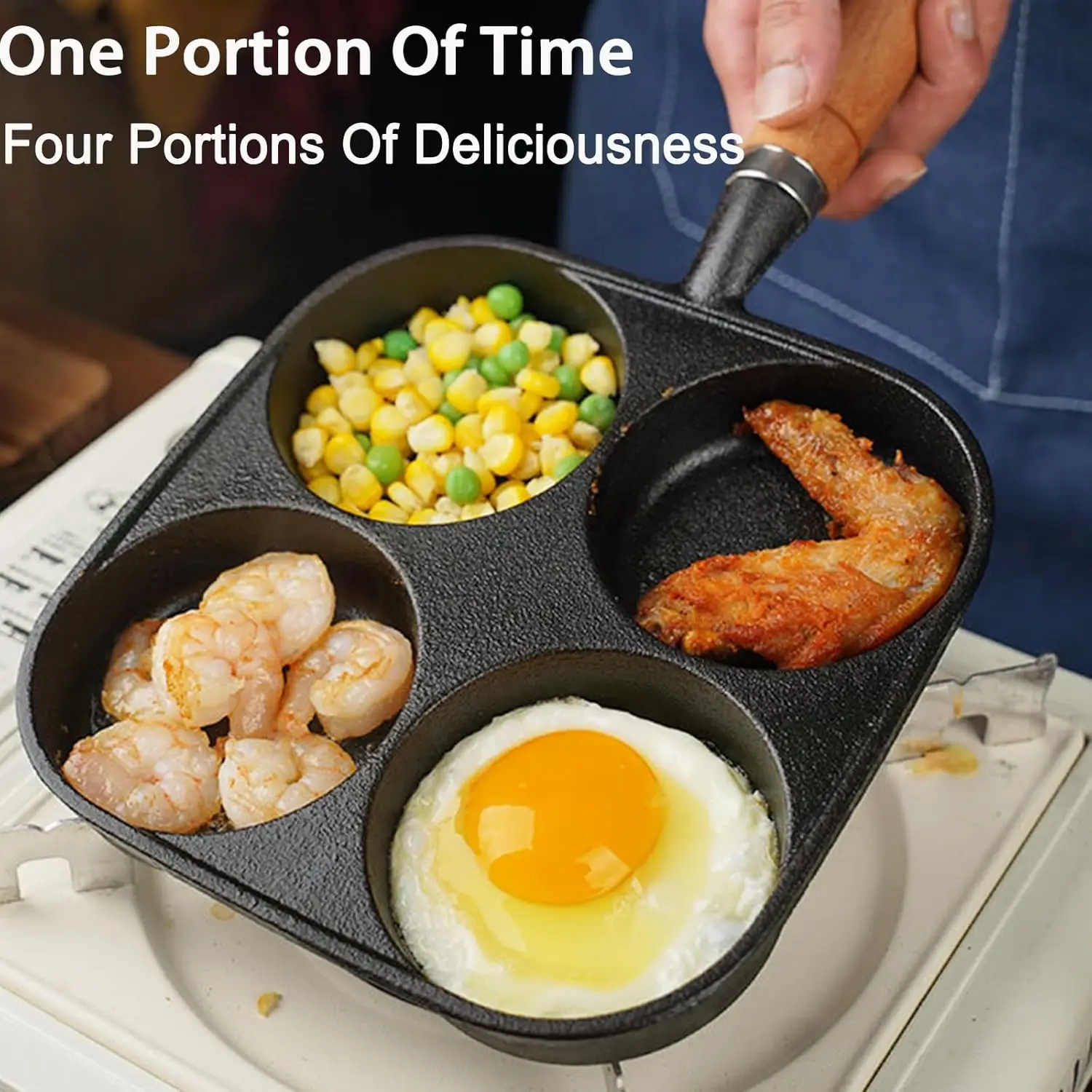 Non-stick Frying Pan 4 cup Cast Iron Egg Pan Divided Baking Pan with Wooden Handle Omelette Pan for Eggs Steak and Burgers 5