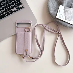 Elegant Leather Shockproof Phone Case with Ring Crossbody Wrist Strap and Card Holder for Google Pixel 9 5G (Purple)