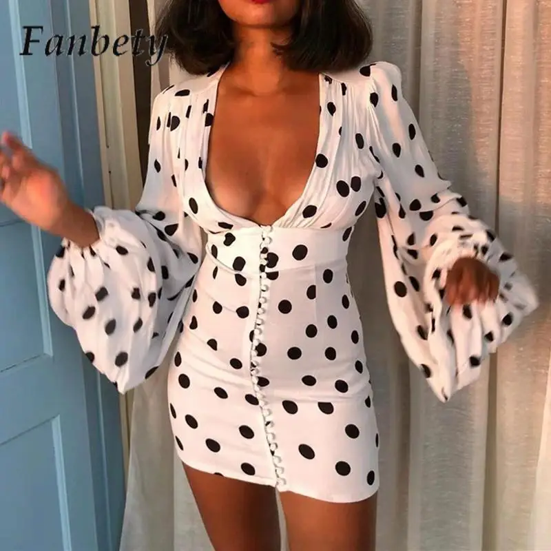 

Vintage Polka Dot Slim Fit Party Mini Dress Sexy Lantern Sleeve High Waist High Street Dress Ladies Deep V-Neck Versatile Dress