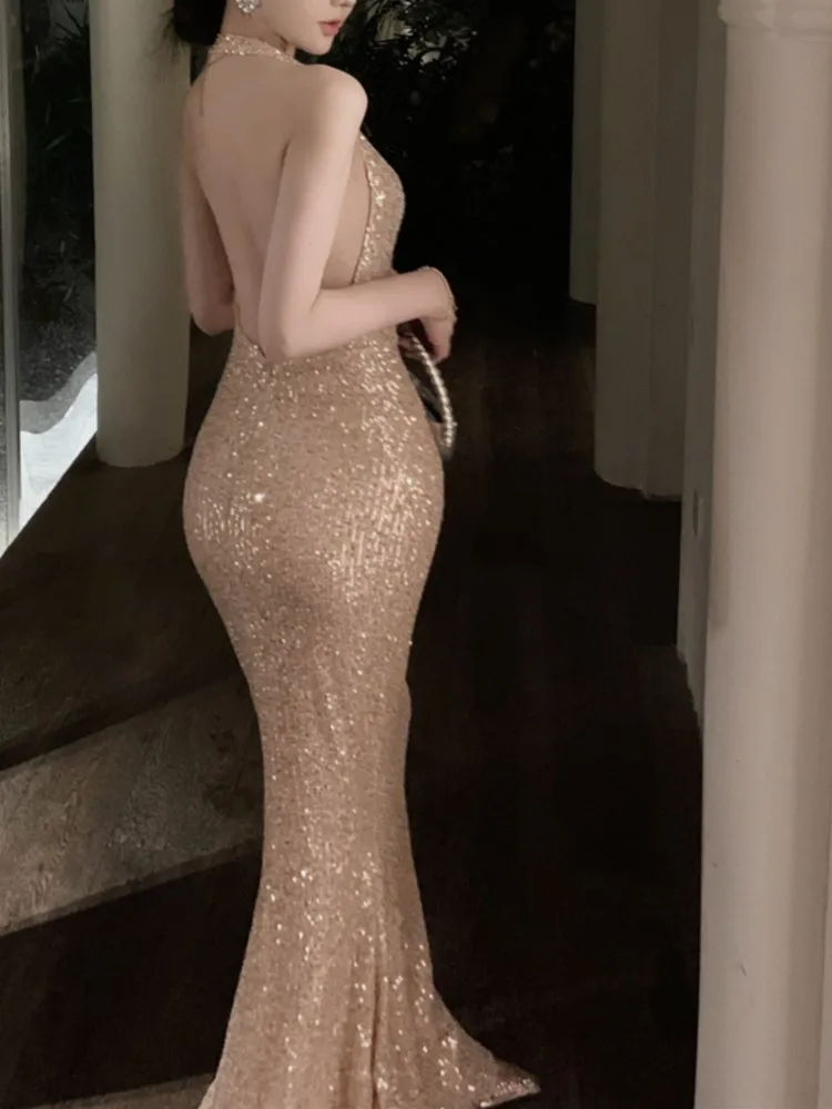 

Sexy Backless Maxi Dress Women Swinging Collar Halter Bodycon Mermaid Autumn Spring New Evening Party Sequins Slim Vestidos New