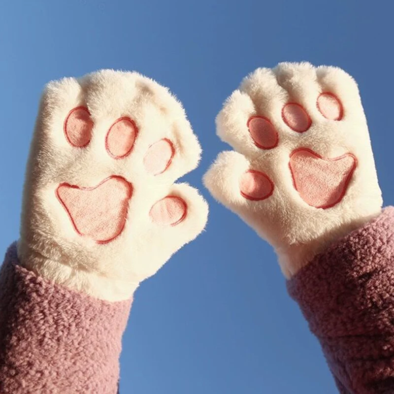 

Cartoon Cat Paw Half-finger Gloves Women Winter Warm Plush Bear Claw Gloves Girls Thickened Faux Fur Fingerless Mittens