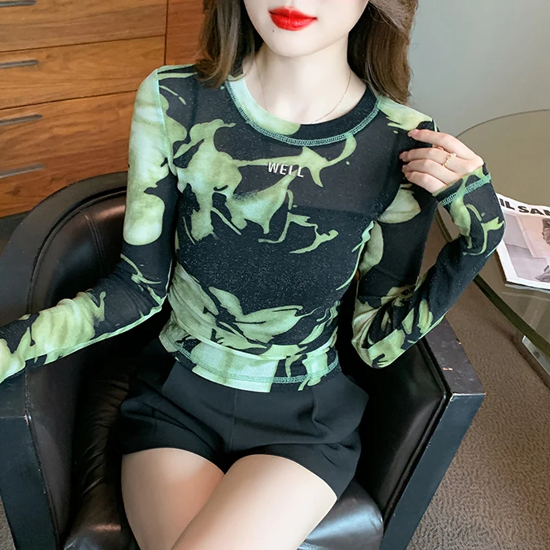 

Ladies Fashion Mesh Hollowed Out See-through Graphic T Shirts Women Clothing Girls Casual Basic Sexy Tops Female Clothes Py2622