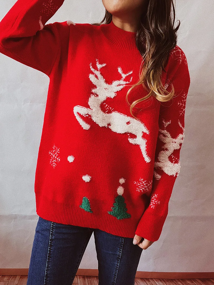 Women s Pullover Sweater with Reindeer and Snowflake Designs Cozy Mock Neck Knitwear for Winter Holidays Red Black Sizes S-XL
