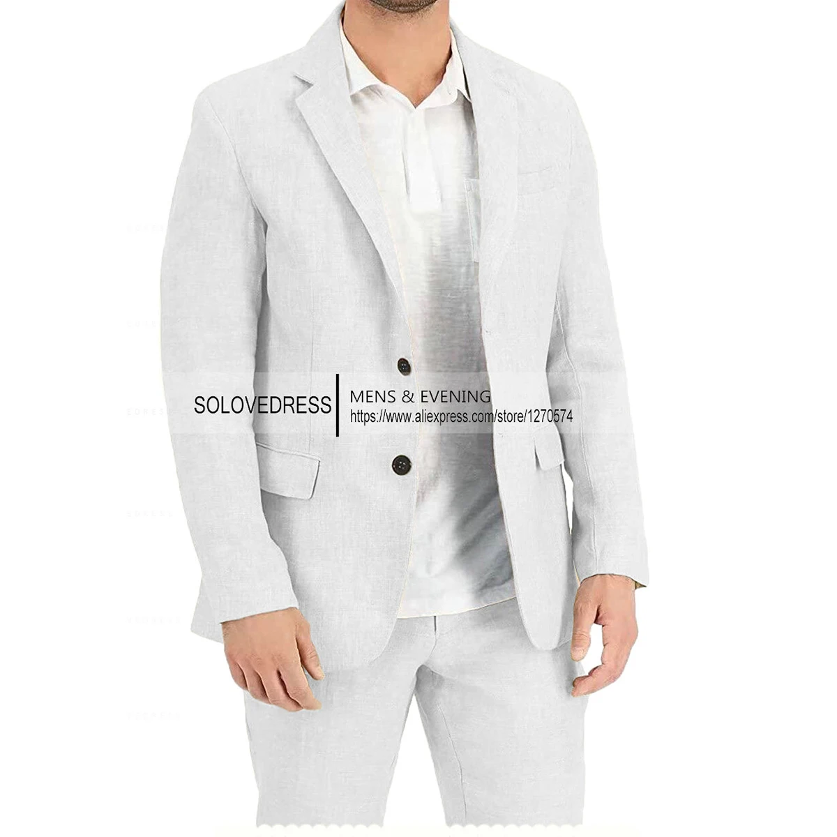 New White Men's 2 Pieces Cotton Hemp Suit Formal Business Notch Lapel Slim Fit Tuxedo Best Man Blazer For Wedding(Blazer+Pants)
