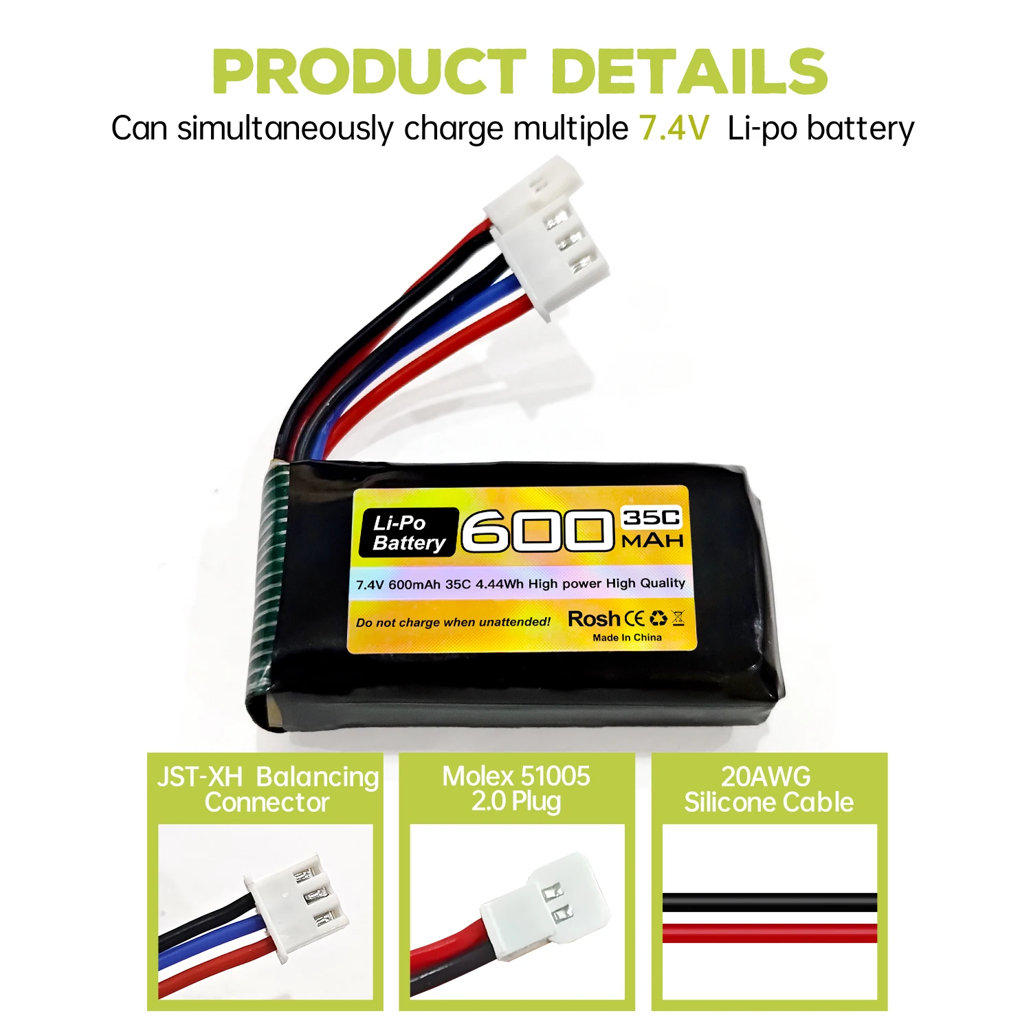 Batterie LiPo 7.4V 600mAh 35C 2S pour voiture RC, tenue en main pour montrer la taille compacte.