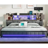 Queen Bed Frame with Storage Bookcase Headboard & LED Lights, Upholstered Bed Frame Queen Size with USB Charging Station 1