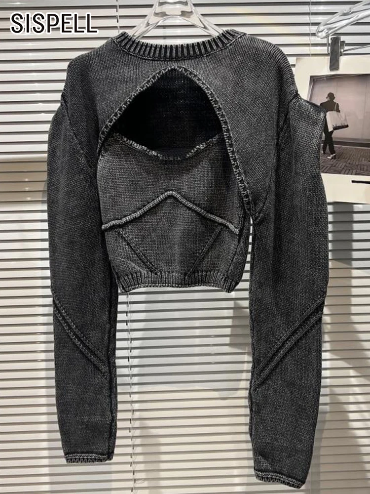 

SISPELL Solid Two Piece Sets For Women Square Collar Sleeveless Tank Roune Neck Long Sleeve Hollow Out Tops Denim Set Female New