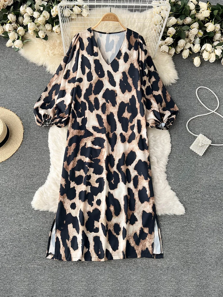 

Women Spring Summer European and American Style Temperament V-neck Mid-length Leopard Print Dress Vestidos Female D0415
