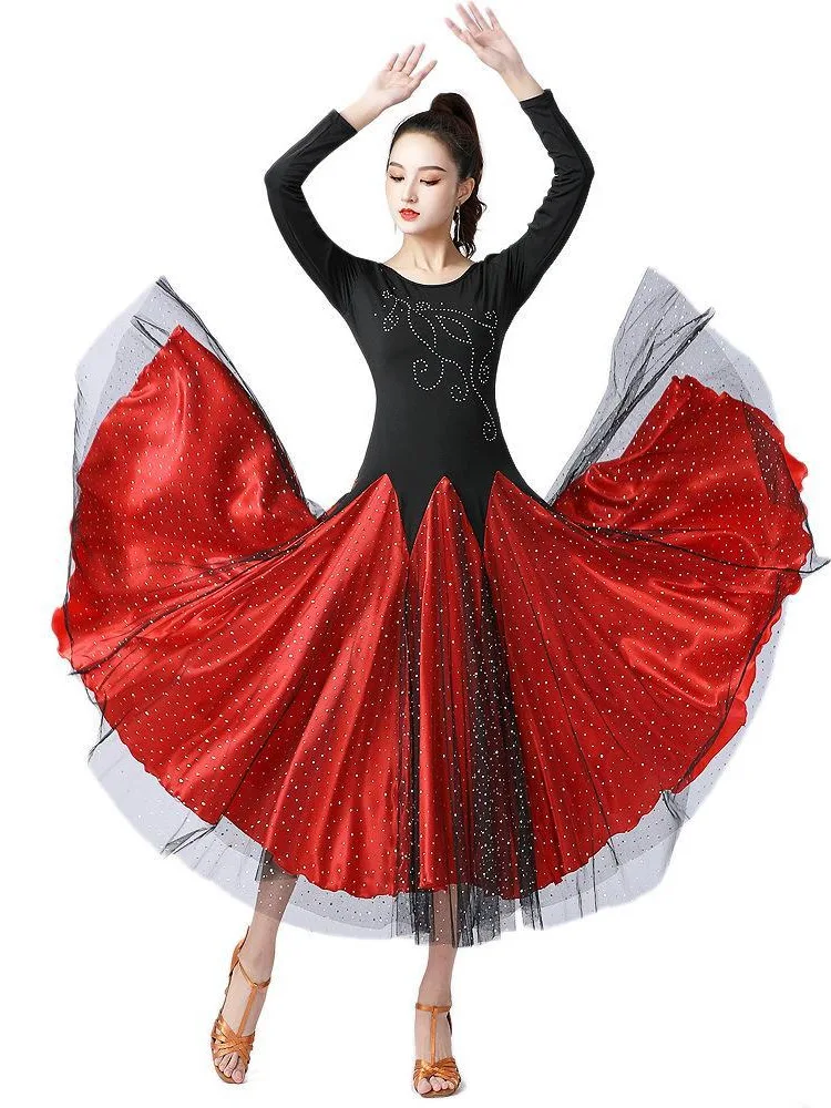 Ballroom Dance Dress Women Performance Wear Dresses Modern Standard Tango Waltz Dress Short Sleeves