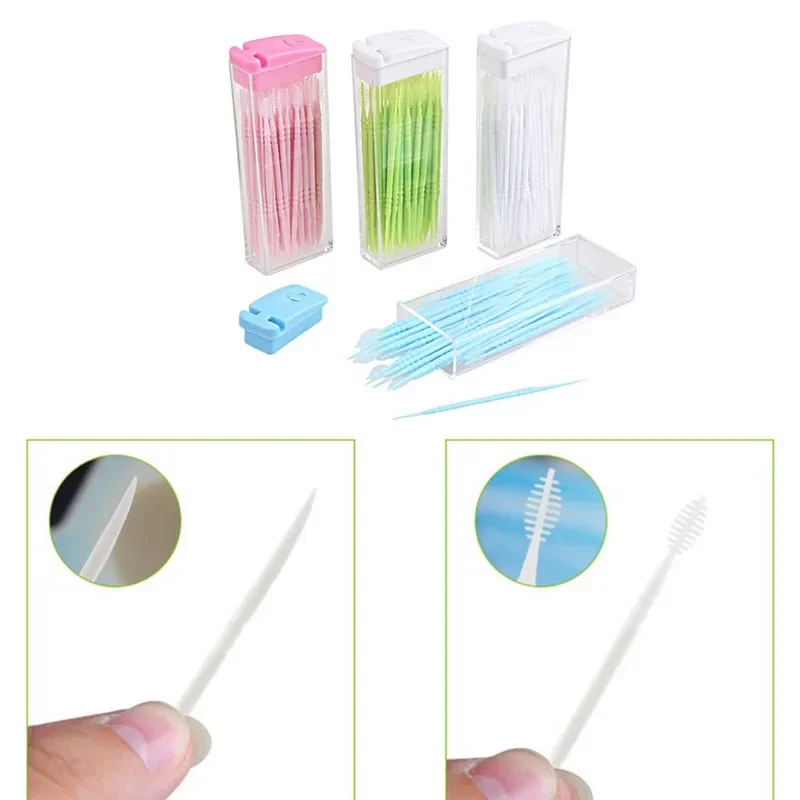 50 PCS/Box Portable Double Head Brush Tooth Picks Toothpick Set Toothpicks Set Interdental Brushes Plastic Interdental Toothpick Brush for Home Hotel Dental Picks Oral Care