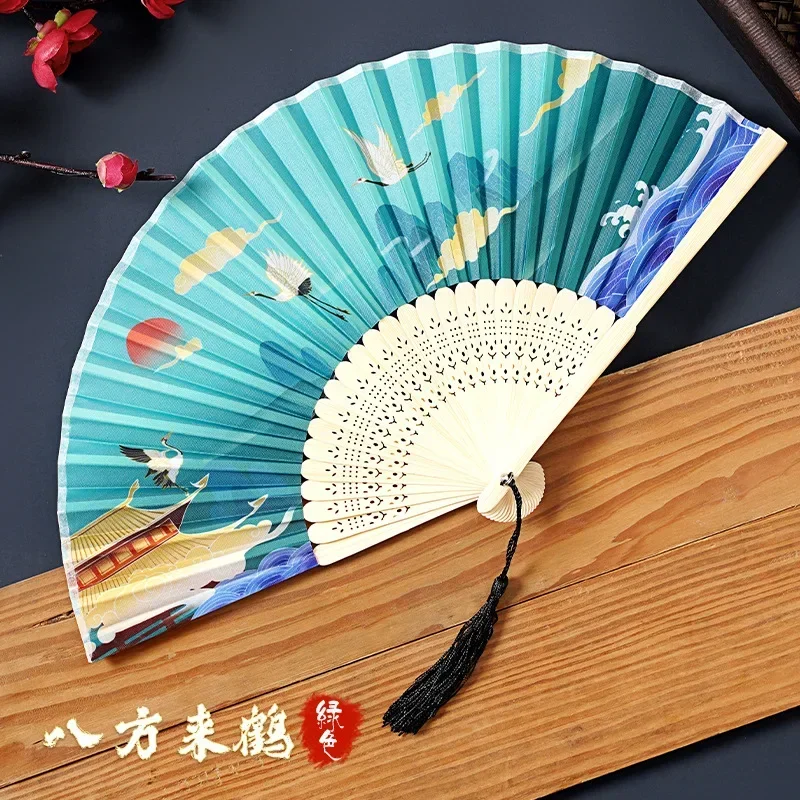 1Pc Chinese Retro Style Bamboo Folding Hand Fan folding fan hand fan silk fans with Tassel Silk Cloth Landscape Painting Traditional Art for Dancing Hanfu