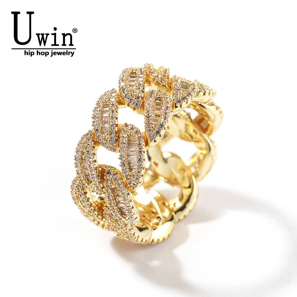 

Uwin Cuban Link Rings Baguette Miami Full Paved Out Cubic Zirconia Engagement Ring HipHop Punk Jewelry For Men Women