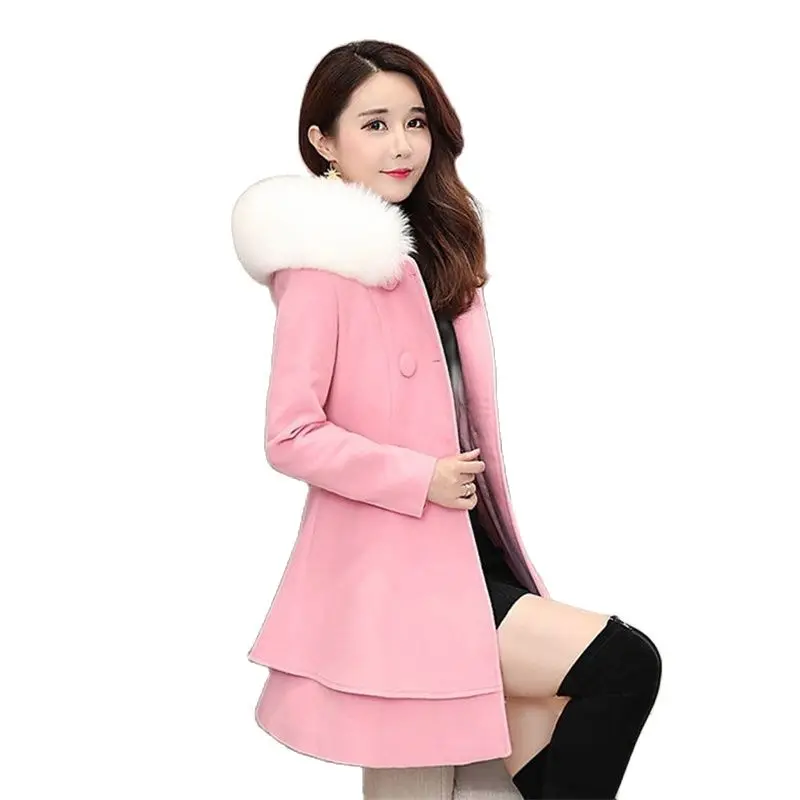 

New 2023 High-End Woolen Coat Women's Autumn Winter Nizi Jacket Korean Style Slim Double Breasted Hooded Outerwear Female Tops