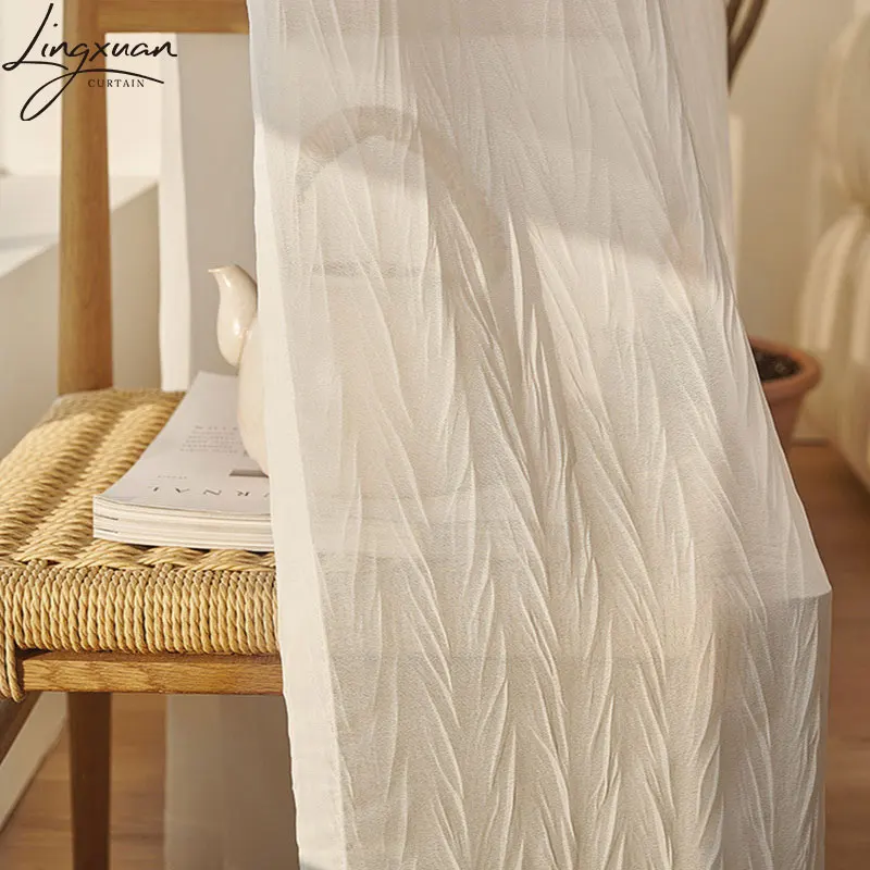 Korean White Tulle Curtains For Living Room Crumpled Sheer Curtain For Bedroom Solid Color Voile Kitchen Drapes Blinds Customs 2