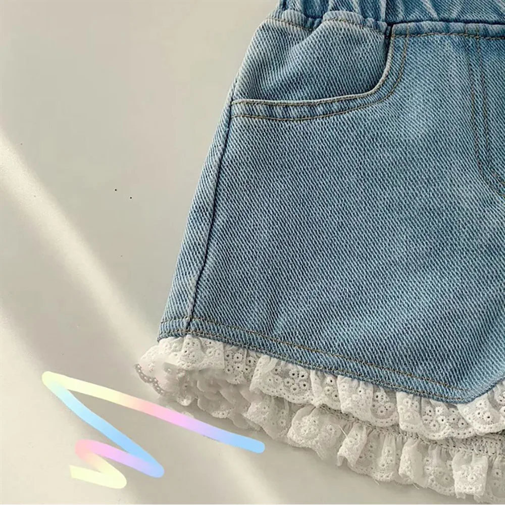 Summer Kids Girls Shorts Korean Style Patchwork Lace Denim Shorts Casual Loose Elastic Waist Ruffles Hot Pants Girl Short Jeans kids shorts