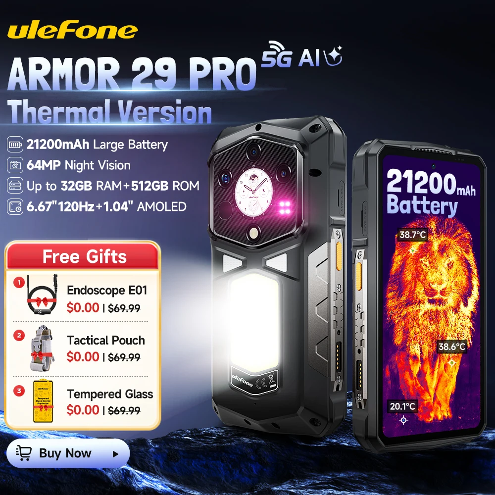 【Ships from US】 Ulefone Armor 29 Pro Thermal Version 5G AI Rugged Phone 21200mAh 120W 64MP Night Vision 6.67" 120Hz 512GB ROM