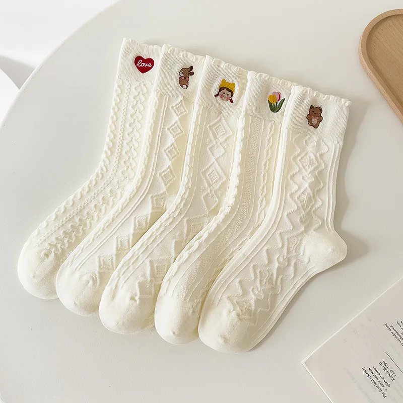 Simple White Socks Versatile Lovely Bowknot Small Flowers Women's Medium Tube Sock kawaii Harajuku jk Lolita Girls Cotton Socks