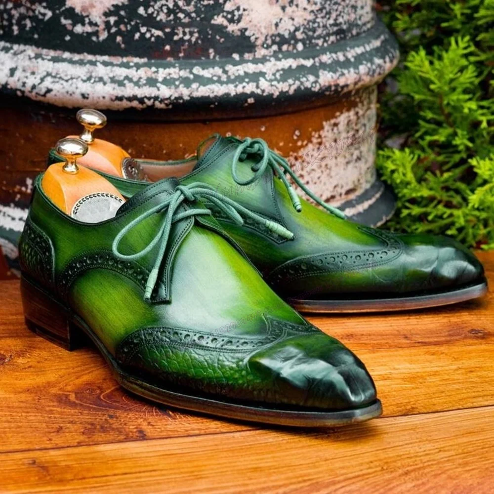 

Green Cross Tied Men's Loafers Pointed Toe Chunky Heels Dress Shoes for Men Runway Business Party Shoes Zapatos Para Hombres