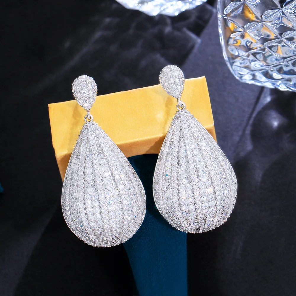 CWWZircons Shiny Full Cubic Zirconia Pave White Gold Color Long Dangling Big Water Drop Earring for Brides Wedding Pageant CZ555